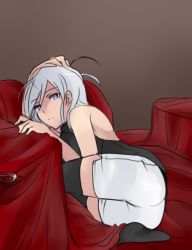 Rule 34 | 00s, 1girl, 6 (yuchae), ass, bare shoulders, bed sheet, black thighhighs, halterneck, lying, melty blood, on side, ponytail, purple eyes, riesbyfe stridberg, shorts, sketch, solo, thighhighs, tsukihime, white hair, zettai ryouiki