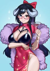 Rule 34 | 1girl, absurdres, aqua background, aqua eyes, bad id, bad twitter id, black hair, bow, breasts, character request, cleavage, cleavage cutout, clothing cutout, commission, covered navel, cowboy shot, cup, dress, grey horns, hair bow, heterochromia, highres, holding, holding cup, horns, large breasts, long hair, nail polish, nia (nia4294), original, pink nails, red-framed eyewear, red bow, red dress, semi-rimless eyewear, simple background, solo, sparkle, under-rim eyewear, very long hair, yellow eyes