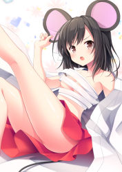 Rule 34 | 1girl, 2020, absurdres, animal ears, arm up, ass, bare shoulders, black hair, blush, breasts, brown eyes, cleavage, collarbone, commentary request, fingernails, highres, japanese clothes, kimono, knee up, leg up, looking at viewer, medium breasts, miko, mouse ears, mouse girl, mouse tail, new year, off shoulder, open clothes, open kimono, open mouth, original, pleated skirt, red skirt, sarashi, sasakura momiji, skirt, solo, tail, teeth, undone sarashi, upper teeth only, v-shaped eyebrows, white kimono