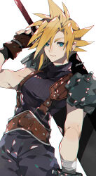Rule 34 | 1boy, armor, baggy pants, blonde hair, blue eyes, brown gloves, buster sword, closed eyes, cloud strife, commentary request, cowboy shot, final fantasy, final fantasy vii, fingerless gloves, gloves, hair between eyes, hand up, highres, kawasaki (kwsk 8765), looking at viewer, male focus, pants, ribbed sweater, shoulder armor, single bare shoulder, sleeveless, sleeveless turtleneck, solo, spiked hair, suspenders, sweater, sword, turtleneck, turtleneck sweater, weapon, weapon on back