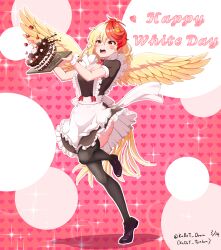 Rule 34 | 1girl, absurdres, animal, animal on head, apron, bird, bird on head, bird wings, black thighhighs, blonde hair, breasts, cake, cleavage, dress, english text, feathered wings, food, frilled apron, frilled dress, frills, full body, highres, holding, holding cake, holding food, ldschem16, maid, medium breasts, multicolored hair, niwatari kutaka, on head, open mouth, orange eyes, pink background, puffy short sleeves, puffy sleeves, red hair, short hair, short sleeves, solo, standing, standing on one leg, thighhighs, touhou, two-tone hair, white day, wings, yellow wings