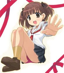 Rule 34 | aihara nana, blush, foreshortening, hair ribbon, kimi kiss, miniskirt, neckerchief, otoutogimi, outstretched arms, panties, pantyshot, pleated skirt, red panties, ribbon, school uniform, serafuku, shoes, short hair, short twintails, sitting, skirt, socks, solo, spread arms, twintails, two side up, underwear, yellow socks