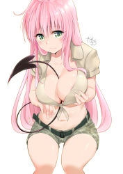Rule 34 | 1girl, ahoge, areola slip, between breasts, blush, grabbing another&#039;s breast, breasts, cleavage, commentary request, cowboy shot, crop top, demon tail, front-tie top, grabbing, green eyes, green shorts, hair ornament, lala satalin deviluke, large breasts, leaning forward, long hair, midriff, murio, navel, pink hair, shorts, solo, tail, tail between breasts, thighs, to love-ru