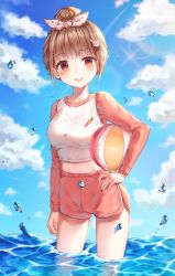 Rule 34 | 1girl, absurdres, anger vein, artist name, ball, beachball, blue sky, blunt bangs, blush, bow, breasts, brown eyes, brown hair, cloud, commentary request, day, hair bow, hair bun, hair ornament, highres, holding, holding ball, large breasts, long sleeves, looking at viewer, midriff, monjja, original, outdoors, parted lips, pink shorts, pink sleeves, polka dot, polka dot bow, rabbit hair ornament, raglan sleeves, shirt, short hair, shorts, single hair bun, sky, smile, solo, standing, summer, wading, water, water drop, white shirt, x hair ornament