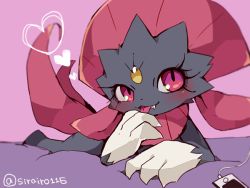 Rule 34 | 1girl, :3, animal ears, animal hands, artist name, bed sheet, black fur, blurry, blush, body fur, cellphone, claws, creatures (company), depth of field, fangs, female focus, forehead jewel, furry, furry female, game freak, gen 4 pokemon, hand up, happy, heart, licking finger, looking up, lying, multiple tails, nintendo, on stomach, open mouth, phone, pink background, pokemon, pokemon (creature), red eyes, shira (sirairo116), signature, simple background, sketch, smartphone, smile, solo, tail, tongue, tongue out, twitter username, two tails, weavile, yellow gemstone