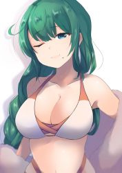 Rule 34 | 1girl, absurdres, bikini, blue eyes, blurry, blush, braid, braided ponytail, breasts, cleavage, closed mouth, collarbone, commentary request, dyson (edaokunnsaikouya), green hair, hair between eyes, highres, kantai collection, large breasts, long hair, looking at viewer, mole, mole under mouth, one eye closed, revision, shadow, simple background, single braid, smile, solo, swimsuit, upper body, white bikini, yuugumo (kancolle)