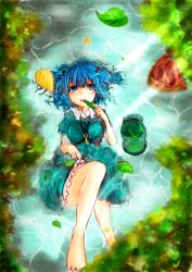 Rule 34 | 1girl, autumn leaves, bad id, bad pixiv id, bare legs, barefoot, blue eyes, blue hair, breasts, cucumber, eating, food in mouth, hair bobbles, hair ornament, hat, unworn hat, unworn headwear, kawashiro nitori, key, knee up, looking at viewer, lying, matching hair/eyes, medium breasts, on back, paguningen, partially submerged, short hair, skirt hold, solo, touhou, twintails, two side up, water