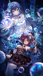 Rule 34 | 2girls, animal, arm support, bare shoulders, black dress, black gloves, black hair, blue eyes, blue flower, blue hair, blush, breasts, bubble, bug, butterfly, chain, chest tattoo, closed mouth, colored inner hair, dated, dress, flower, gloves, hair flower, hair ornament, hand on floor, hand on own chest, highres, honkai (series), honkai impact 3rd, insect, lock, long hair, lying, miaogujun, multicolored hair, multiple girls, navel, on back, open hand, red butterfly, red eyes, red hair, seele (alter ego), seele vollerei, seele vollerei (herrscher of rebirth), seele vollerei (stygian nymph), short hair, signature, sitting, small breasts, smile, tattoo, thigh strap, upper body, white butterfly, white dress