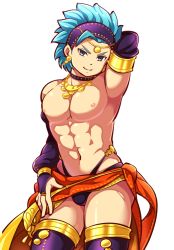 Rule 34 | 1boy, abs, aopanda, arm behind head, blue eyes, blue hair, bracelet, bulge, camus (dq11), choker, circlet, dancer&#039;s costume (dq), dragon quest, dragon quest xi, earrings, jewelry, looking at viewer, male focus, navel, nipples, pelvic curtain, sash, seductive smile, simple background, smile, thighhighs, toned, toned male, white background
