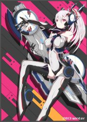 Rule 34 | 1girl, bare shoulders, bodysuit, breasts, covered navel, detached sleeves, elbow gloves, gloves, gun, headgear, highres, large breasts, long hair, looking at viewer, mecha musume, original, ponytail, red eyes, rk925, silver hair, solo, striped, striped background, weapon