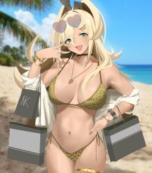 Rule 34 | 1girl, :d, absurdres, bag, beach, blonde hair, bracelet, breasts, cleavage, day, fang, goddess of victory: nikke, gold nails, green eyes, gyaru, hair ornament, hairclip, hand on own hip, headgear, heart, heart-shaped eyewear, highres, jewelry, large breasts, light blush, long hair, nail polish, necklace, ocean, off shoulder, open clothes, open mouth, open shirt, outdoors, phantasmaliagon, ponytail, ring, rupee (nikke), sand, scrunchie, shopping bag, smile, solo, sunglasses, thighlet, water, wrist scrunchie