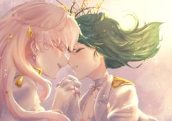 Rule 34 | 2girls, absurdres, artist name, blonde hair, choker, earrings, from side, gloves, green hair, highres, holding hands, jacket, jewelry, long hair, macross, macross frontier, multiple girls, open mouth, parted lips, ranka lee, rita (love giorno), sheryl nome, short hair, smile, string, string of fate, tiara, white choker, white gloves, white jacket, yuri