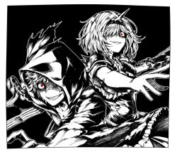 Rule 34 | 1boy, 1girl, alter ego conjurer (granblue fantasy), black background, crazy eyes, crazy smile, djeeta (granblue fantasy), gran (granblue fantasy), granblue fantasy, grin, hair over one eye, hairband, hood, hood up, hoodie, looking at viewer, monochrome, open mouth, parted lips, shaded face, sharp teeth, smile, spiked hairband, spikes, sword, teeth, weapon, zanki