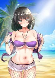 Rule 34 | 1girl, bandeau, bare shoulders, bikini, black hair, blue sky, blush, breasts, cleavage, cloud, collarbone, commentary request, cowboy shot, cutoffs, dabaijiang memeda, day, fishnet pantyhose, fishnets, green eyes, hands up, highres, jewelry, large breasts, looking at viewer, navel, ocean, off shoulder, open fly, original, outdoors, palm tree, pantyhose, pendant, purple bikini, purple vest, short hair, short shorts, shorts, sky, smile, solo, standing, stomach, strapless, strapless bikini, swimsuit, thighs, tree, vest, water, white shorts