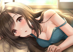 Rule 34 | bare shoulders, blue shirt, blush, bow, breasts, brown eyes, brown hair, cleavage, commentary request, day, hair bow, highres, idolmaster, idolmaster shiny colors, indoors, large breasts, long hair, lying, nail polish, on floor, on side, open door, open mouth, pink eyes, pink nails, ponytail, shiny clothes, shirt, sleeveless, solo, sweat, tatami, tsukioka kogane, yuzuyu (hyui)