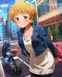 Rule 34 | 10s, 1girl, blonde hair, blush, box, dress, earrings, fukuda noriko, gift, gift box, heart, heart earrings, idolmaster, idolmaster million live!, jewelry, looking at viewer, motor vehicle, necklace, official art, scooter, short hair, solo, solo focus, sweater, sweater dress, valentine, vehicle