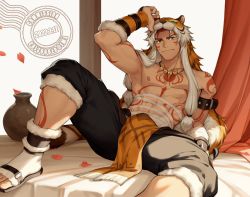 Rule 34 | 00047, 1boy, 2022, abs, armband, bara, bed, commission, gauntlets, green eyes, jar, jewelry, muscular, muscular male, necklace, original, pants, pectoral cleavage, pectorals, petals, red hair, smirk, tattoo, tiger skin