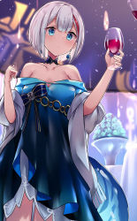Rule 34 | 1girl, admiral graf spee (a novel anniversary) (azur lane), admiral graf spee (azur lane), alcohol, alternate costume, anniversary, azur lane, bare shoulders, blue dress, blue eyes, blurry, breasts, closed mouth, commentary request, cowboy shot, cup, depth of field, dress, drinking glass, earrings, hands up, highres, holding, holding cup, jewelry, looking at viewer, medium breasts, multicolored hair, off-shoulder dress, off shoulder, osisio, plant, red hair, short hair, silver hair, solo, standing, streaked hair, wine, wine glass