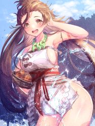 Rule 34 | 1girl, bare shoulders, basket, blush, body markings, breasts, brown eyes, brown hair, clam, dress, facial mark, fate/grand order, fate (series), forehead, forehead mark, highres, himiko (fate), himiko (first ascension) (fate), ittokyu, jewelry, large breasts, long hair, looking at viewer, magatama, magatama necklace, necklace, no bra, no panties, open mouth, sash, side slit, sideboob, smile, thighs, topknot, twintails, white dress