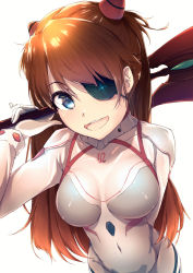 Rule 34 | 1girl, artist name, blue eyes, blush, bodysuit, breasts, clothes writing, dermar, evangelion: 3.0+1.0 thrice upon a time, eyepatch, gloves, highres, holding, holding weapon, interface headset, long hair, looking at viewer, medium breasts, neon genesis evangelion, open mouth, orange hair, pilot suit, plugsuit, polearm, rebuild of evangelion, simple background, skin tight, smile, solo, souryuu asuka langley, spear, spear of cassius, two side up, very long hair, weapon, white background, white bodysuit, white gloves