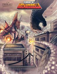 Rule 34 | aircraft, airplane, antennae, billboard, building, character name, city, claws, cloud, cloudy sky, day, dinosaur, english text, exhaust, explosion, fighter jet, fins, fire, firing, flying, glowing, glowing eyes, godzilla, godzilla (series), highres, japanese text, jet, kaijuu, mecha, mechagodzilla, mechagodzilla 2, military, military vehicle, no humans, no pupils, overcast, power lines, projectile trail, robot, sign, signature, sky, skyscraper, smoke, terror of mechagodzilla, thomas johnson, titanosaurus, toho, yellow eyes