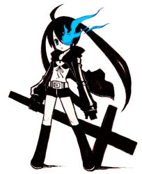 Rule 34 | 10s, 1girl, belt, black rock shooter, black rock shooter (character), blue eyes, cape, cross, female focus, full body, hatsune miku, latin cross, midriff, monochrome, navel, shinigami (gumsyrup), shorts, simple background, solo, spot color, twintails, vocaloid
