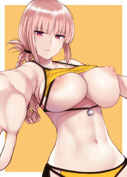 Rule 34 | 1girl, bikini, blush, border, braid, breasts, chaldea lifesavers, cleavage, closed mouth, cocq taichou, commentary request, covered erect nipples, day, fate/grand order, fate (series), florence nightingale (chaldea lifesavers) (fate), florence nightingale (fate), folded ponytail, large breasts, long hair, looking at viewer, navel, nipples, outstretched arms, pink hair, red eyes, side-tie bikini bottom, simple background, skindentation, solo, swimsuit, underboob, upper body, wet, white border, yellow background, yellow bikini