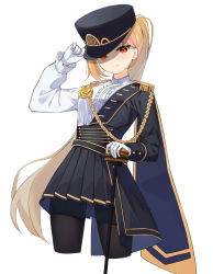 Rule 34 | 1girl, absurdres, aiguillette, belt, black hat, black pantyhose, black skirt, blonde hair, cane, cape, center frills, closed mouth, cropped legs, epaulettes, flower, frills, gloves, hand on headwear, hand up, hat, highres, jingburger, long hair, long sleeves, looking at viewer, pantyhose, peaked cap, pleated skirt, ponytail, red eyes, rose, shirt, skirt, smile, solo, very long hair, virtual youtuber, waist cape, waktaverse, white gloves, white shirt, yellow flower, ziro (zirorong)
