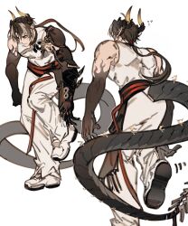 Rule 34 | 1boy, adjusting footwear, arknights, armor, brown hair, chinese clothes, chong yue (arknights), closed mouth, colored extremities, dragon boy, dragon horns, dragon tail, earrings, flying sweatdrops, full body, gyulseu, highres, horns, jewelry, long hair, long tail, low ponytail, male focus, multicolored hair, multiple views, pauldrons, pointy ears, red eyes, rerebrace, shoes, shoulder armor, simple background, single pauldron, sleeveless, sneakers, standing, standing on one leg, streaked hair, tail, white background, white footwear