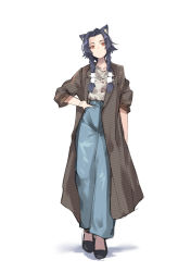 Rule 34 | 1girl, animal ears, black footwear, black hair, blue pants, braid, brown coat, cat ears, closed mouth, coat, collarbone, commentary request, full body, grey shirt, hand on own hip, highres, kamatpit, long coat, long hair, long sleeves, looking at viewer, orange eyes, original, pants, shadow, shirt, shirt tucked in, short hair with long locks, simple background, solo, twin braids, white background