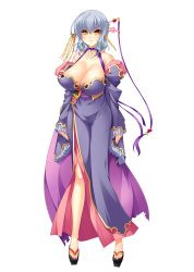 Rule 34 | 1girl, absurdres, bare shoulders, blue hair, breasts, cleavage, collarbone, detached sleeves, full body, gengan, hair ornament, highres, hikage eiji, japanese clothes, koihime musou, large breasts, looking at viewer, nail polish, sandals, shin koihime musou, short hair, simple background, smile, solo, standing, white background, wide sleeves, yellow eyes