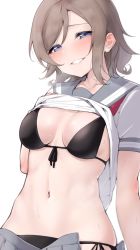 Rule 34 | 1girl, arm at side, bad id, bad pixiv id, bikini, bikini under clothes, black bikini, blue eyes, blurry, blush, breasts, breasts apart, brown hair, clothes lift, collarbone, commentary request, depth of field, front-tie bikini top, front-tie top, grey sailor collar, grey skirt, grin, half-closed eyes, hand on own chest, hand up, head tilt, heavy breathing, highres, lifted by self, looking at viewer, love live!, love live! sunshine!!, medium breasts, nasuno (nasuno42), navel, open clothes, open skirt, pleated skirt, sailor collar, school uniform, serafuku, shirt, shirt lift, short hair, short sleeves, side-tie bikini bottom, simple background, skindentation, skirt, smile, solo, steaming body, stomach, string bikini, sweat, swept bangs, swimsuit, upper body, uranohoshi school uniform, watanabe you, white background, white shirt