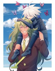 Rule 34 | 2boys, :d, ahoge, armor, brown jacket, brown suit, bug, butterfly, buttoned cuffs, buttons, carrying, cheer (cheerpuppy14), cloud, danganronpa (series), danganronpa v3: killing harmony, day, formal, gokuhara gonta, green hair, grey hair, grin, hair between eyes, happy, highres, insect, insect cage, jacket, k1-b0, long hair, long sleeves, male focus, medium hair, messy hair, multiple boys, no eyewear, open mouth, outdoors, piggyback, power armor, red eyes, smile, suit, teeth, upper body
