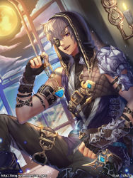 Rule 34 | 1boy, arm belt, artist name, belt, bracer, brown pants, candle, dagger, dutch angle, eyepatch, fingerless gloves, gloves, hood, indoors, jewelry, knife, looking at viewer, male focus, moon, necklace, open mouth, original, pants, purple eyes, silver hair, sitting, tanzzi, watermark, weapon, web address, window