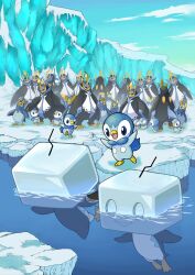 Rule 34 | absurdres, afloat, bird, cloud, commentary request, creatures (company), day, eiscue, eiscue (ice), empoleon, evolutionary line, game freak, gen 4 pokemon, gen 8 pokemon, highres, ice, nintendo, no humans, open mouth, outdoors, penguin, piplup, pokemon, pokemon (creature), prinplup, q-chan, sky, snow, standing, water