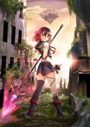 Rule 34 | &gt;:), 1girl, asymmetrical legwear, black skirt, black thighhighs, boots, brown hair, building, commentary request, dusk, evening, floating island, from behind, full body, gloves, glowing, glowing weapon, gradient hair, grass, highres, looking at viewer, looking back, multicolored hair, original, outdoors, plant, polearm, red eyes, red hair, ruins, short sleeves, skirt, socks, solo, spear, standing, sunset, thighhighs, tree, two-tone hair, uneven legwear, v-shaped eyebrows, vines, weapon, white gloves, yasume yukito