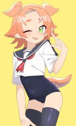Rule 34 | 1girl, black thighhighs, blush, covered navel, crop top, flat chest, green eyes, highres, linea-chan (owasaki), lizard tail, looking at viewer, neckerchief, old school swimsuit, one eye closed, orange hair, orange tail, original, owasaki, red neckerchief, sailor collar, school swimsuit, shirt, short hair, solo, swimsuit, tail, thick eyebrows, thighhighs, tongue, tongue out, white shirt
