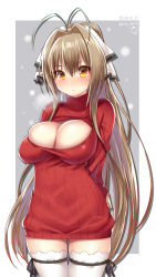 Rule 34 | 10s, 1girl, amagi brilliant park, antenna hair, arms behind back, blush, bow, breasts, breath, brown eyes, brown hair, bursting breasts, cleavage, cleavage cutout, clothing cutout, deep skin, dress, hair bow, hair intakes, hattori masaki, large breasts, long hair, looking at viewer, meme attire, open-chest sweater, outside border, ponytail, ribbed sweater, sento isuzu, skindentation, solo, sweater, sweater dress, thighhighs, turtleneck, white thighhighs, zettai ryouiki