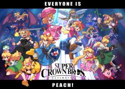 Rule 34 | 6+girls, adapted costume, angel wings, animal crossing, blonde hair, blooper (mario), bodysuit, bowsette, breath weapon, breathing fire, captain falcon, character name, claws, commentary, creatures (company), crown, donkey kong, donkey kong (series), dress, everyone, f-zero, fire, fire emblem, fox mccloud, game &amp; watch, game freak, ganondorf, gen 1 pokemon, gender request, genderswap, glowing, glowing eyes, helmet, highres, hylian shield, ice climber, ice climbers, ike (fire emblem), inkling, inkling player character, john su, kid icarus, kirby, kirby (series), kneehighs, lens flare, link, logo, looking at viewer, mario, mario (series), master sword, metroid, mini crown, monado, monster girl, mother (game), mother 2, mr. game &amp; watch, multiple girls, nana (ice climber), necktie, ness (mother 2), new super mario bros. u deluxe, nintendo, olimar, parody, pikachu, pikmin (series), pit (kid icarus), plant, pokemon, pokemon (creature), princess peach, ragnell, revision, ridley, salute, samus aran, scarf, shield, shorts under dress, shulk (xenoblade), socks, splatoon (series), splattershot (splatoon), star fox, strap, super crown, super mario bros. 1, super mushroom, super smash bros., sword, tentacle hair, the legend of zelda, thighhighs, toad (mario), tongue, tongue out, umbrella, varia suit, villager (animal crossing), vines, weapon, wings, xenoblade chronicles (series), xenoblade chronicles 1, yoshi