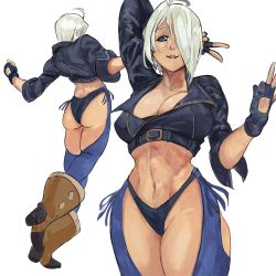 Rule 34 | 2girls, absurdres, angel (kof), blue eyes, boots, bra, breasts, chaps, cowboy boots, cropped jacket, fidus 00111111, fingerless gloves, gloves, hair over one eye, highres, jacket, large breasts, leather, leather jacket, multiple girls, snk, strapless, strapless bra, the king of fighters, the king of fighters 2001, the king of fighters xiv, the king of fighters xv, toned, underwear, white background, white hair