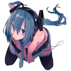 Rule 34 | 1girl, air kon, aqua necktie, bare shoulders, black skirt, black thighhighs, blue eyes, blue hair, cable, from above, grey shirt, hair ornament, hatsune miku, headphones, long hair, looking at viewer, miniskirt, necktie, pleated skirt, shirt, shoulder tattoo, skirt, sleeveless, sleeveless shirt, solo, tattoo, thighhighs, twintails, vocaloid