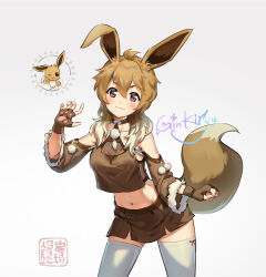 Rule 34 | 1girl, :3, animal ears, animalization, bare shoulders, blush, breasts, brown gloves, brown hair, brown skirt, closed mouth, collar, commentary, cowboy shot, creature and personification, creatures (company), crop top, detached sleeves, eevee, eevee ears, eevee tail, english commentary, fingerless gloves, fishnet top, fishnets, fur-trimmed sleeves, fur trim, game freak, gen 1 pokemon, gloves, grey hair, hair over shoulder, kyouran de onikoushi, layered clothes, long hair, midriff, miniskirt, mixed-language commentary, multicolored hair, navel, nintendo, paw print palms, pokemon, pokemon (creature), pom pom (clothes), print gloves, signature, simple background, skirt, tail, thighhighs, two-tone hair, white background, white thighhighs, zettai ryouiki