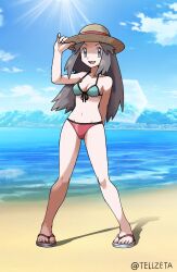 Rule 34 | 1girl, :d, arm behind back, arm up, bikini, breasts, cleavage, cloud, collarbone, creatures (company), day, eyelashes, fingernails, full body, game freak, grey eyes, grey hair, hand on headwear, hat, hat ribbon, highres, knees, leaf (pokemon), legs apart, light rays, long hair, medium breasts, nintendo, open mouth, outdoors, pigeon-toed, pokemon, pokemon frlg, ribbon, sand, sandals, shore, sky, smile, solo, standing, summer, sunbeam, sunlight, swimsuit, tellzeta, toes, tongue, water