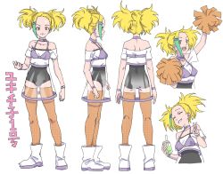 Rule 34 | 1girl, absurdres, boots, breasts, bubble tea, cheerleader, closed eyes, closed mouth, collar, cup, hair ornament, hairclip, highres, legs, long hair, low twintails, multicolored hair, multiple views, open mouth, orange legwear, original, pretty-purin720, see-through, shirt, simple background, skirt, smile, twintails, white background