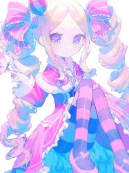 Rule 34 | 1girl, :&lt;, beatrice (re:zero), blonde hair, blurry, capelet, closed mouth, commentary request, crown, dress, drill hair, eyelashes, frills, fur-trimmed capelet, fur trim, hair ribbon, highres, index finger raised, long hair, looking at viewer, mini crown, pantyhose, parted bangs, pink capelet, pink ribbon, pointing, re:zero kara hajimeru isekai seikatsu, ribbon, ruu poppo, shoes, sidelocks, solo, striped clothes, striped pantyhose, twin drills, twintails, white background