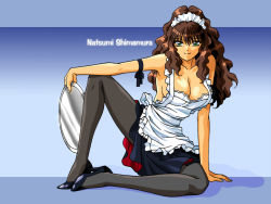 Rule 34 | 1990s (style), 1girl, apron, arm ribbon, arm support, black pantyhose, breasts, brown hair, character name, cleavage, frills, full body, gradient background, green eyes, hair between eyes, high heels, holding, keseran, large breasts, leaning, legs, letterboxed, long hair, looking at viewer, maid, maid apron, maid headdress, naked apron, naughty face, no bra, no shirt, official art, official wallpaper, on floor, pantyhose, pinup (style), private garden, reflection, retro artstyle, ribbon, shadow, shimamura natsumi, shoes, sideboob, sidelocks, sitting, skirt, smile, solo, spread legs, tetratech, tray, waitress, wallpaper, wavy hair