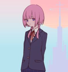 Rule 34 | 1girl, arms behind back, black jacket, blazer, blue background, blue eyes, blue skirt, blunt bangs, braid, bright pupils, building, closed mouth, collared shirt, commentary request, cowboy shot, cross, gradient background, hair over shoulder, jacket, kaf (kamitsubaki studio), kamitsubaki studio, karakai 13, long hair, looking at viewer, low twin braids, multicolored eyes, neck ribbon, pink hair, plaid, plaid skirt, pleated skirt, red eyes, red ribbon, ribbon, school uniform, shirt, skirt, skyline, solo, standing, twin braids, unmoving pattern, virtual youtuber, white pupils, white shirt