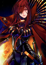 Rule 34 | 1girl, bodysuit, breasts, cape, commentary request, dark background, fate/grand order, fate (series), fire, hair over one eye, high collar, large breasts, long hair, looking at viewer, march ab, oda nobunaga (fate), oda nobunaga (fate), oda nobunaga (koha-ace), oda nobunaga (maou avenger) (fate), red hair, solo, upper body