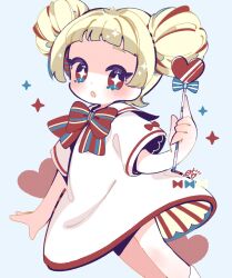 Rule 34 | 1girl, :o, black eyes, blonde hair, blue background, blue eyes, bow, commentary, dot nose, double bun, dress, hair bun, hand up, highres, holding, holding wand, looking at viewer, multicolored eyes, multicolored hair, nagino nichiko, original, raised eyebrows, red bow, red eyes, short dress, short sleeves, simple background, solo, sparkle, standing, star-shaped pupils, star (symbol), streaked hair, striped bow, symbol-only commentary, symbol-shaped pupils, wand, white dress