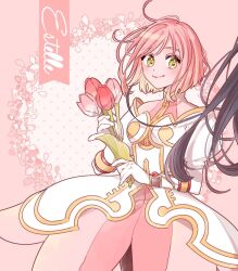 Rule 34 | 1boy, 1girl, annkoichigo, armor, armored dress, character name, commentary request, dress, estellise sidos heurassein, flower, gloves, gold trim, green eyes, highres, holding, holding flower, medium hair, pink background, pink flower, pink hair, pink tulip, red flower, red tulip, smile, solo focus, tales of (series), tales of vesperia, tulip, two-tone background, white background, white dress, white gloves, yuri lowell